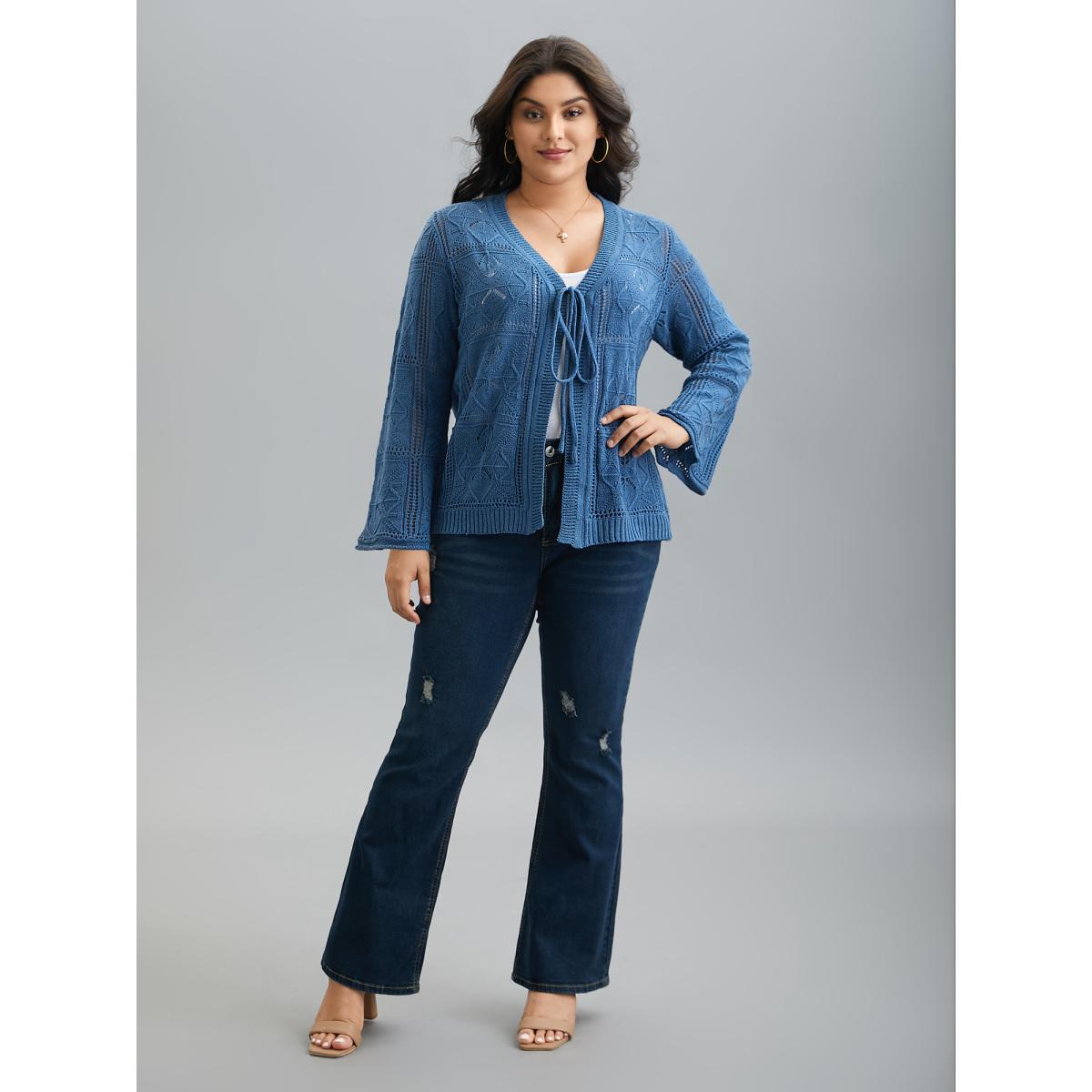 Plus Size Front-Tie Textured Eyelet Knit Cardigan Aegean Women Casual Loose Long Sleeve Everyday Cardigans BloomChic 18-20/2X Product Image