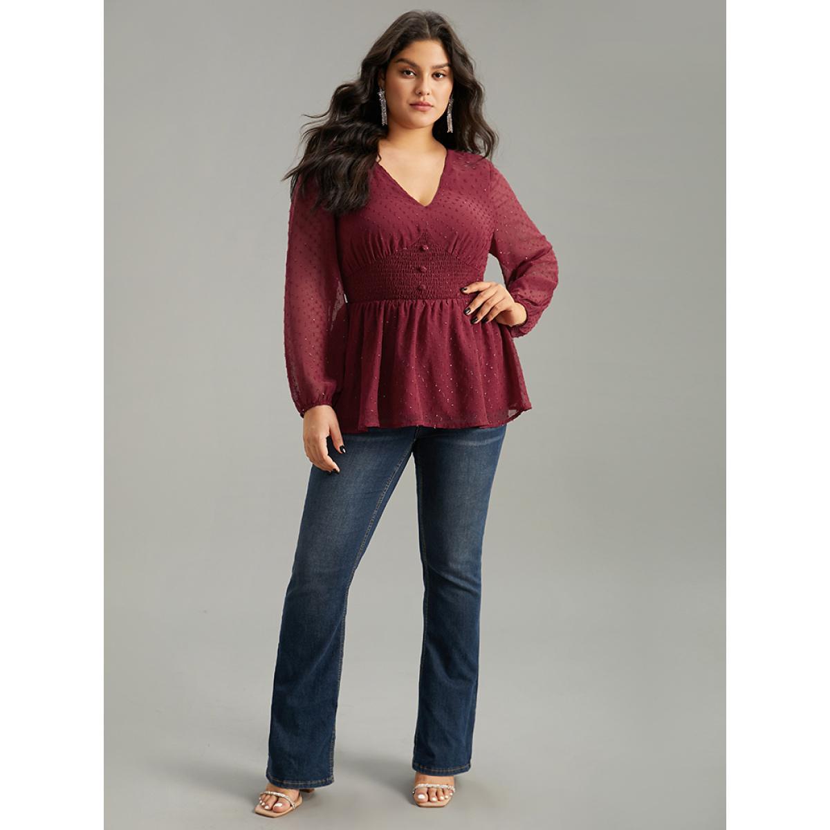 Plus Size Burgundy Plain Textured Shirred Lantern Sleeve Blouse Women Glamour Long Sleeve V-neck Work Blouses BloomChic 26/4X Product Image