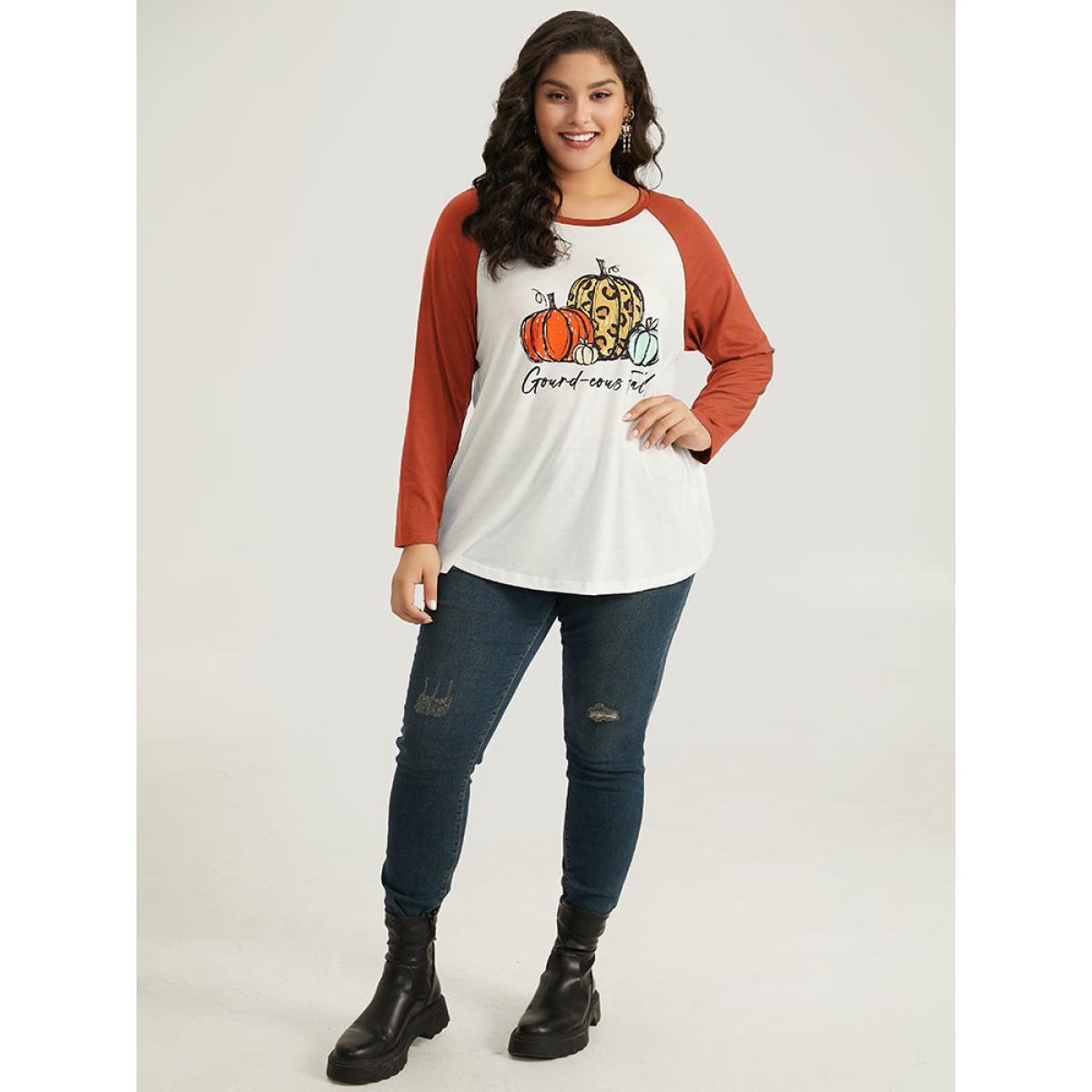 Plus Size Halloween Pumpkin & Letter Print Raglan Sleeve T-shirt Chocolate Women Casual Contrast Halloween Festival-Halloween T-shirts BloomChic 26/4X Product Image