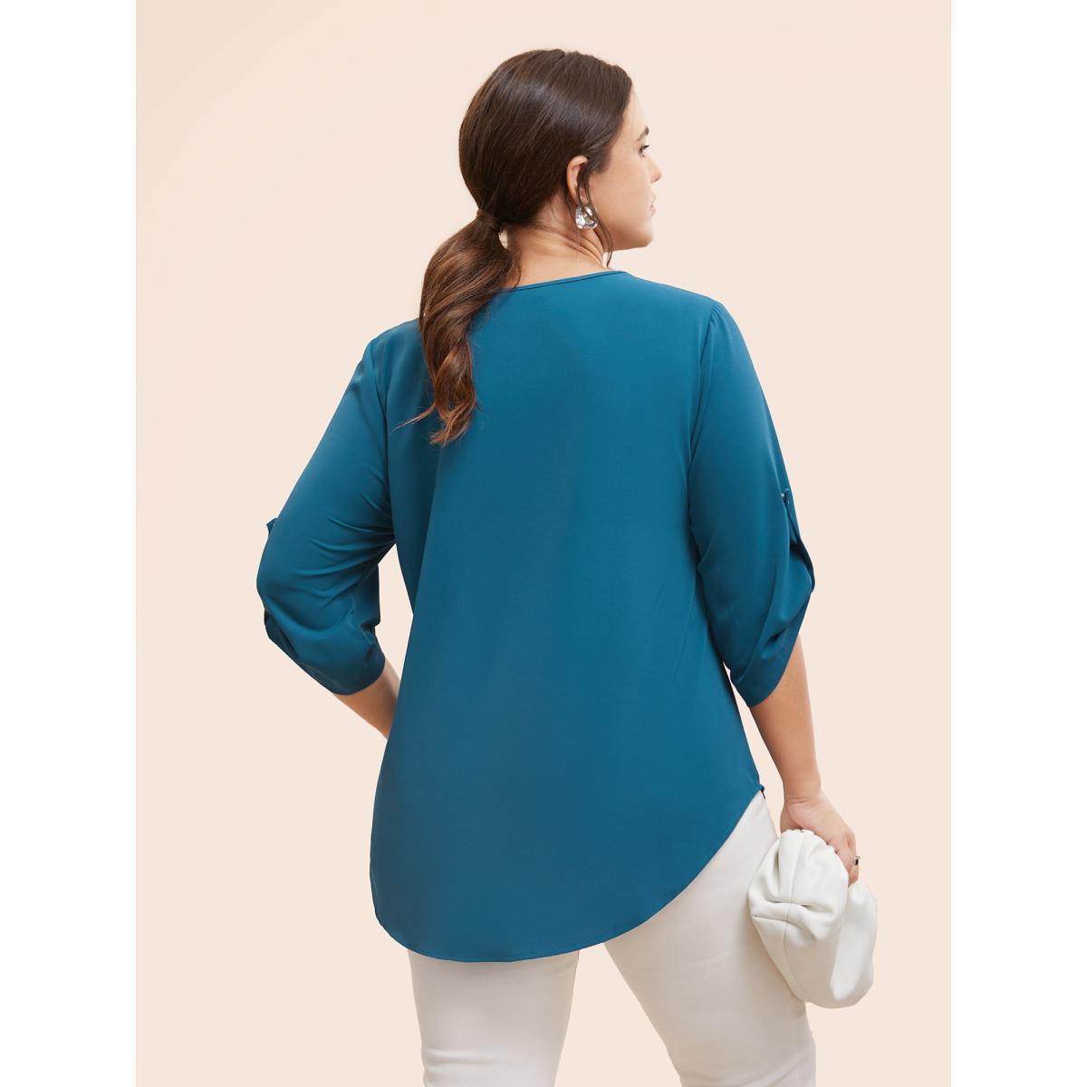 Plus Size Aegean Solid Cuffed Sleeve Gathered Curved Hem Blouse Women Office Elbow-length sleeve V-neck Work Blouses BloomChic 14-16/1X Product Image