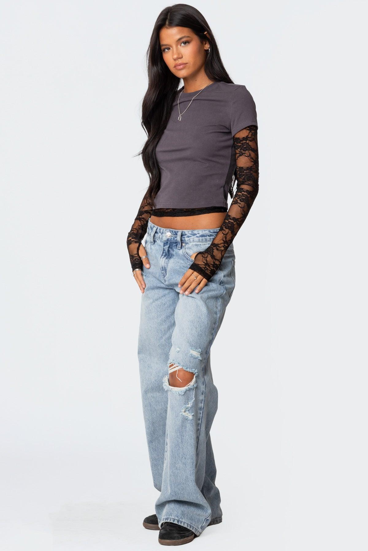 Layered Lace Sleeve T Shirt Product Image