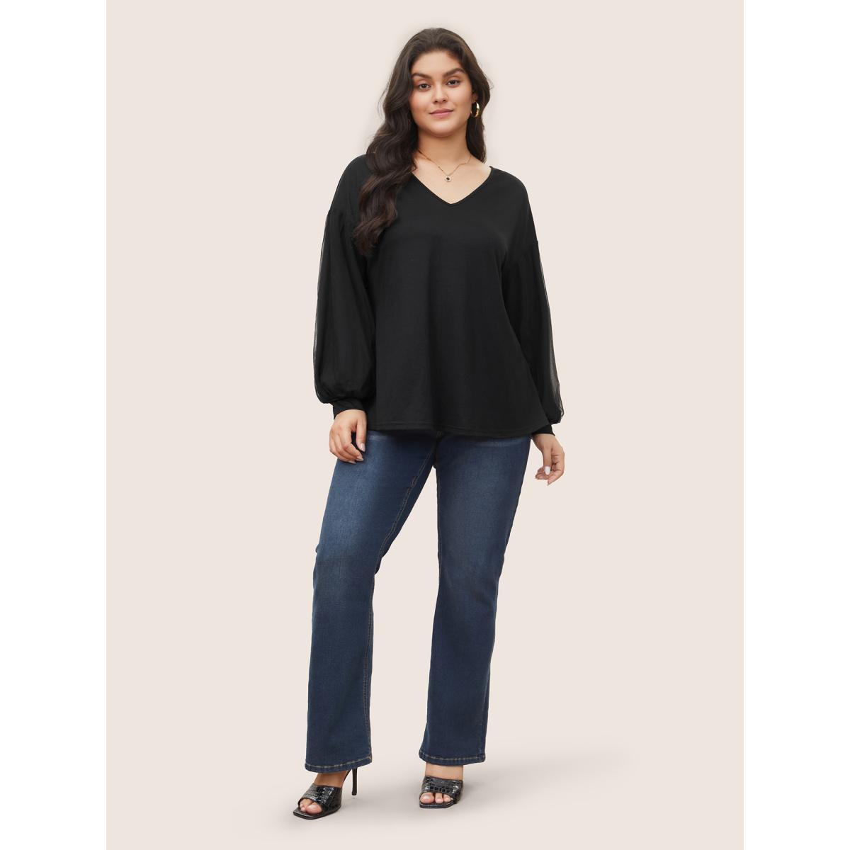 Plus Size Plain Tiered Mesh Patchwork T-shirt Black Women Elegant Non Plain V-neck Everyday T-shirts BloomChic 26/4X Product Image