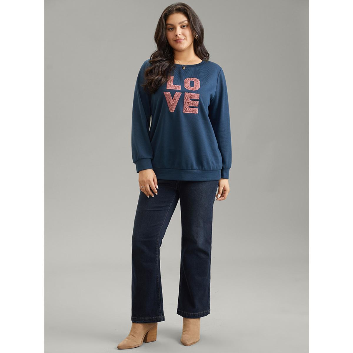 Plus Size Love Embroidered Patch Crew Neck Sweatshirt Women Indigo Casual Plain Dailywear Sweatshirts BloomChic 14-16/1X Product Image