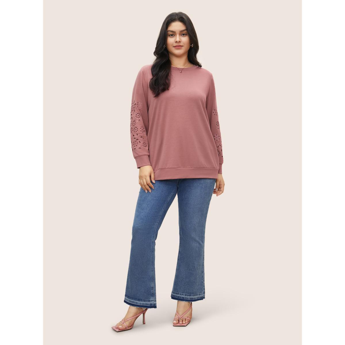 Plus Size Solid Broderie Anglaise Crew Neck Sweatshirt Women DustyPink Elegant Non Round Neck Everyday Sweatshirts BloomChic 28/5X Product Image