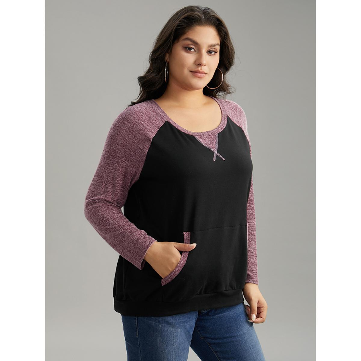 Plus Size Heather Stitch Pocket Raglan Sleeve Sweatshirt Women Black Casual Contrast Round Neck Dailywear Sweatshirts BloomChic 14-16/1X Product Image