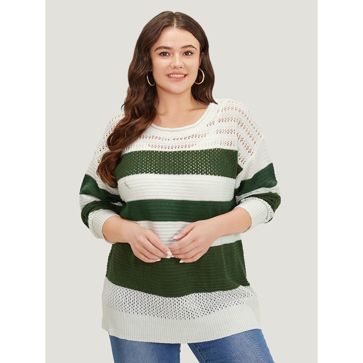 Plus Size Two Tone Colorblock Patchwork Cut Out Pullover Ivory Women Casual Loose Long Sleeve Round Neck Dailywear Pullovers BloomChic 12/L Product Image