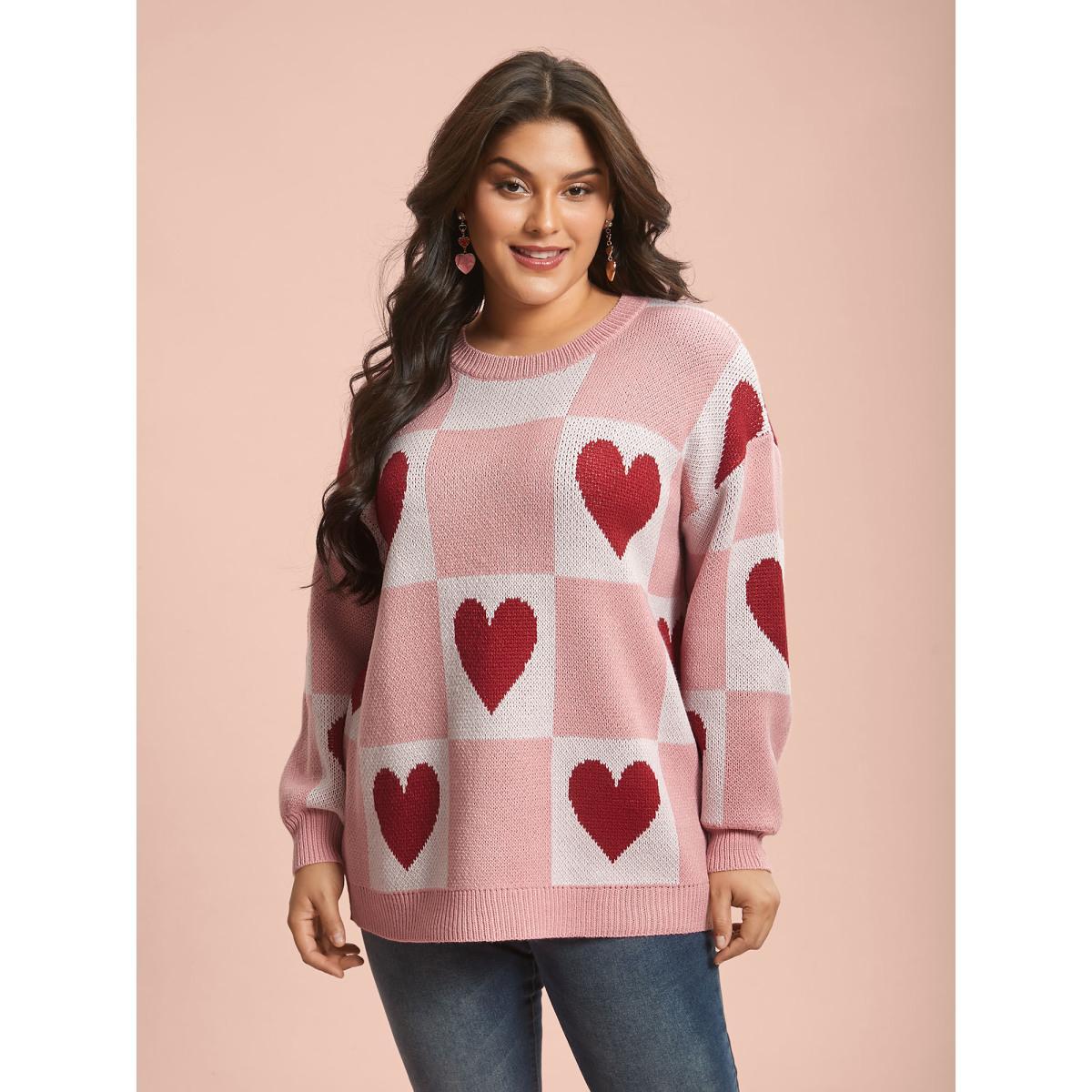 Plus Size Checkered Hearts Jacquard Color-Contrast Pullover Watermelon Women Casual Loose Long Sleeve Round Neck Everyday Pullovers BloomChic 30/6X Product Image