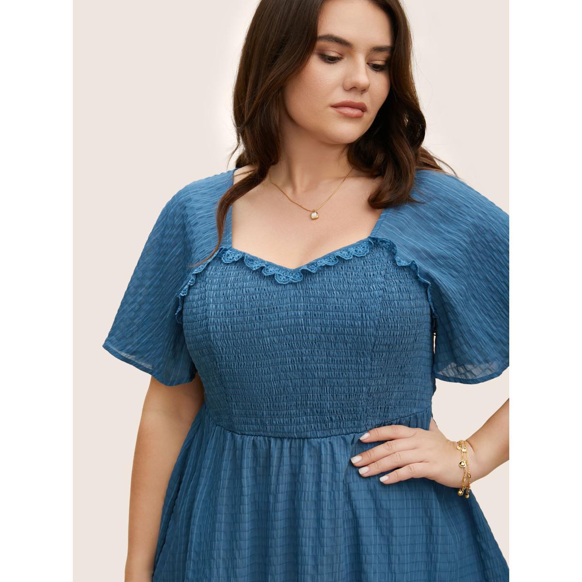 Plus Size Cerulean Plain Textured Frill Trim Ruffle Sleeve Blouse Women Elegant Short sleeve Heart neckline Everyday Blouses BloomChic 10/M Product Image