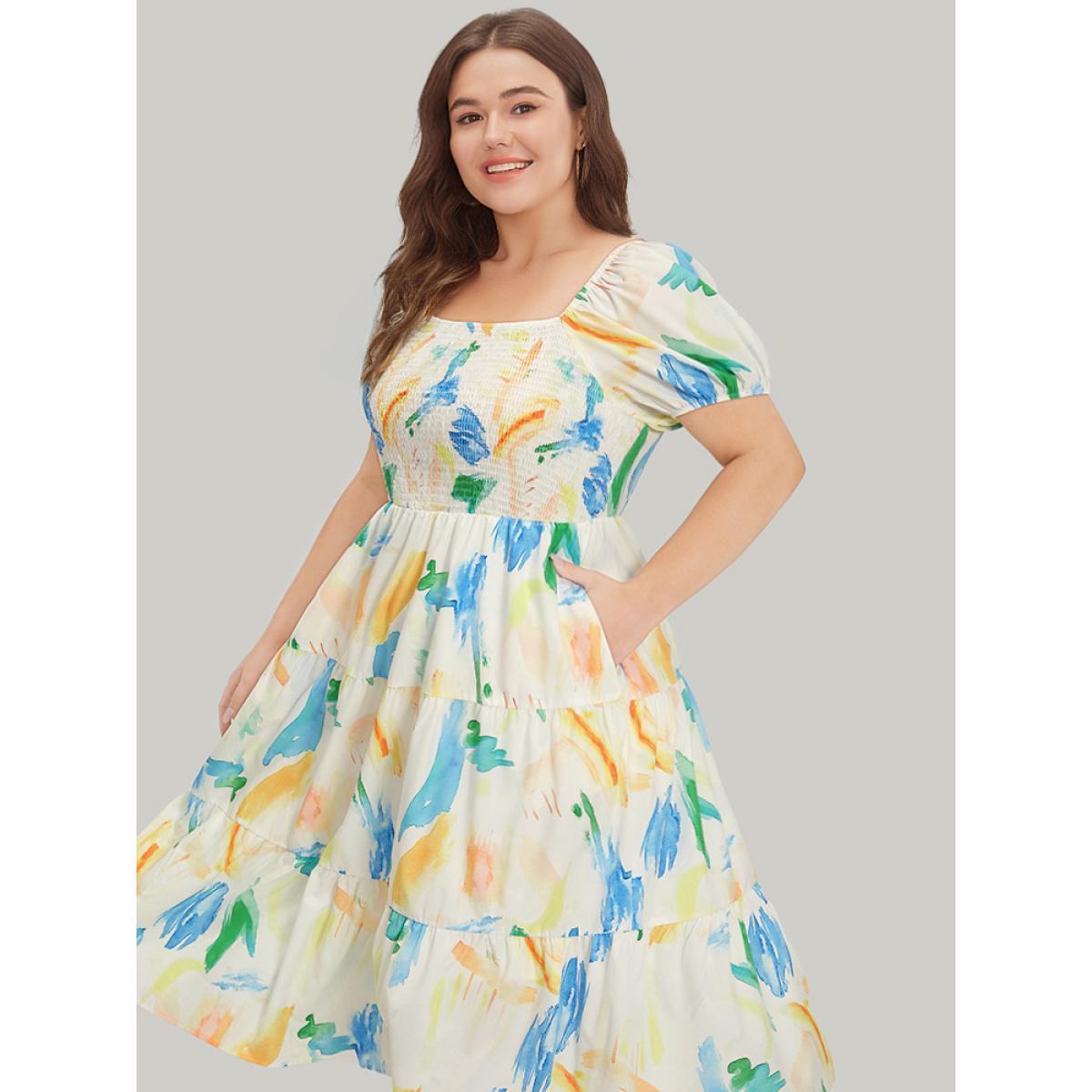Plus Size Colour Geometric Print Square Neck Shirred Puff Sleeve Dress Multicolor Women Vacation Elastic cuffs Square Neck Short sleeve Curvy Midi Dress BloomChic 10/M Product Image