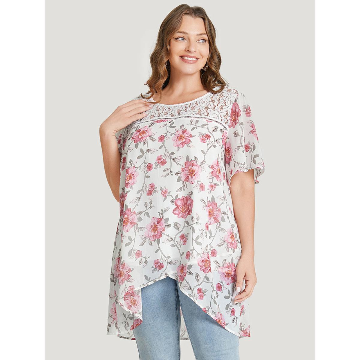 Plus Size White Floral Lace Ruffle Sleeve High Low Hem Blouse Women Elegant Short sleeve Round Neck Dailywear Blouses BloomChic 10/M Product Image