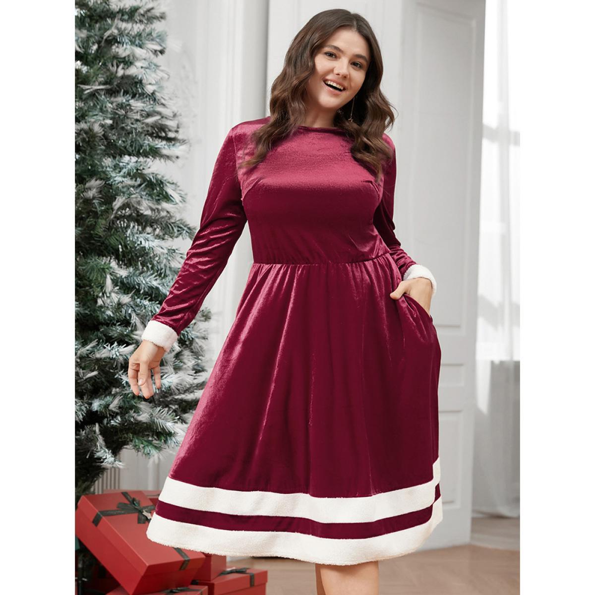 Plus Size Solid Contrast Fuzzy Trim Pocket Velvet Dress Scarlet Women Elegant Contrast Round Neck Long Sleeve Curvy Midi Dress BloomChic 26/4X Product Image