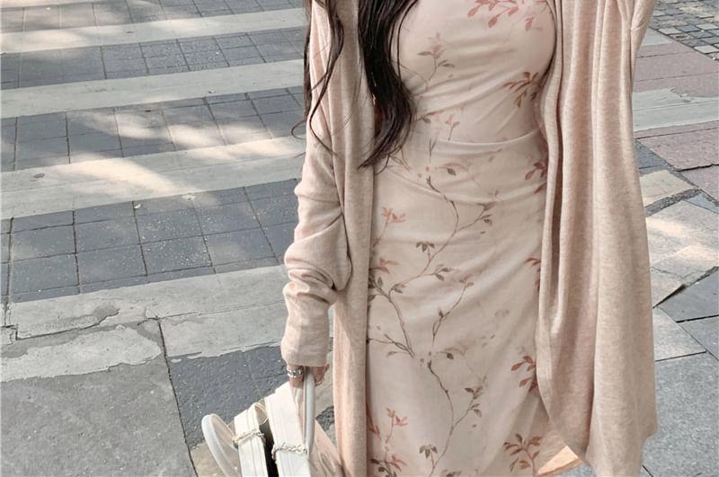 Plain Long Cardigan / Spaghetti Strap Floral Midi Sheath Dress Product Image