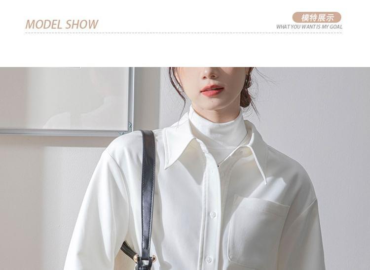 Long Sleeve Lapel Collar Plain Button Shirt Product Image