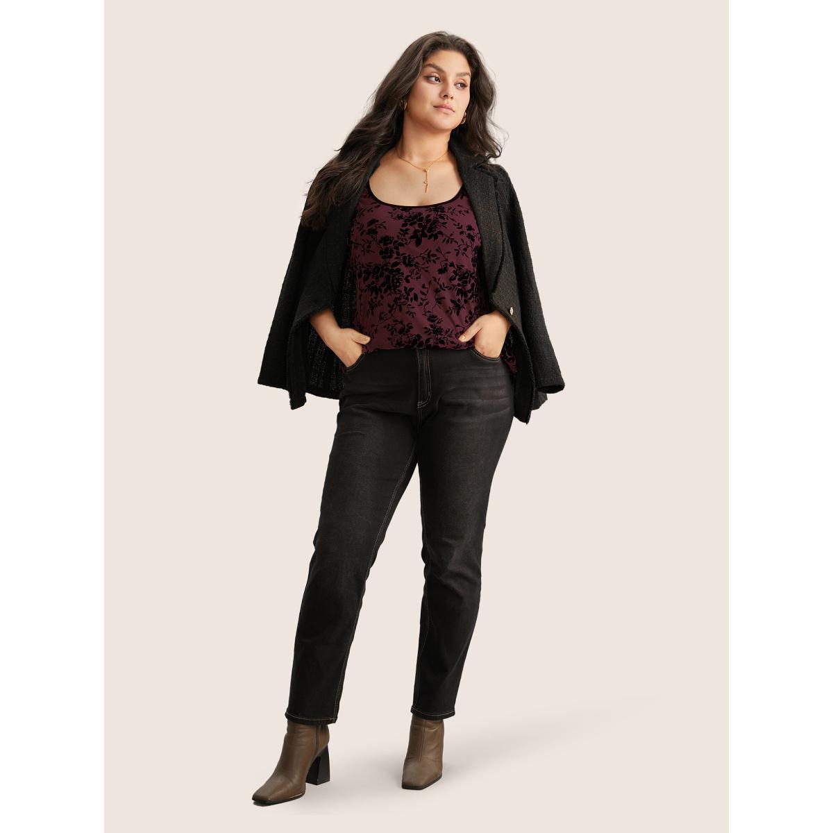 Plus Size Silhouette Floral Print Flocking Square Neck Tank Top Women Burgundy Elegant Texture Square Neck Everyday Tank Tops Camis BloomChic 28/5X Product Image