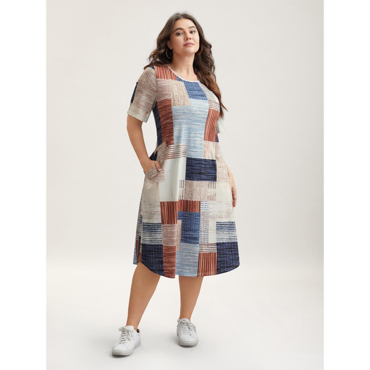Plus Size Abstract Print Round Neck Flared Midi Dress Multicolor Women Casual Non Knit Dresses Bloomchic 14-16/1X Product Image