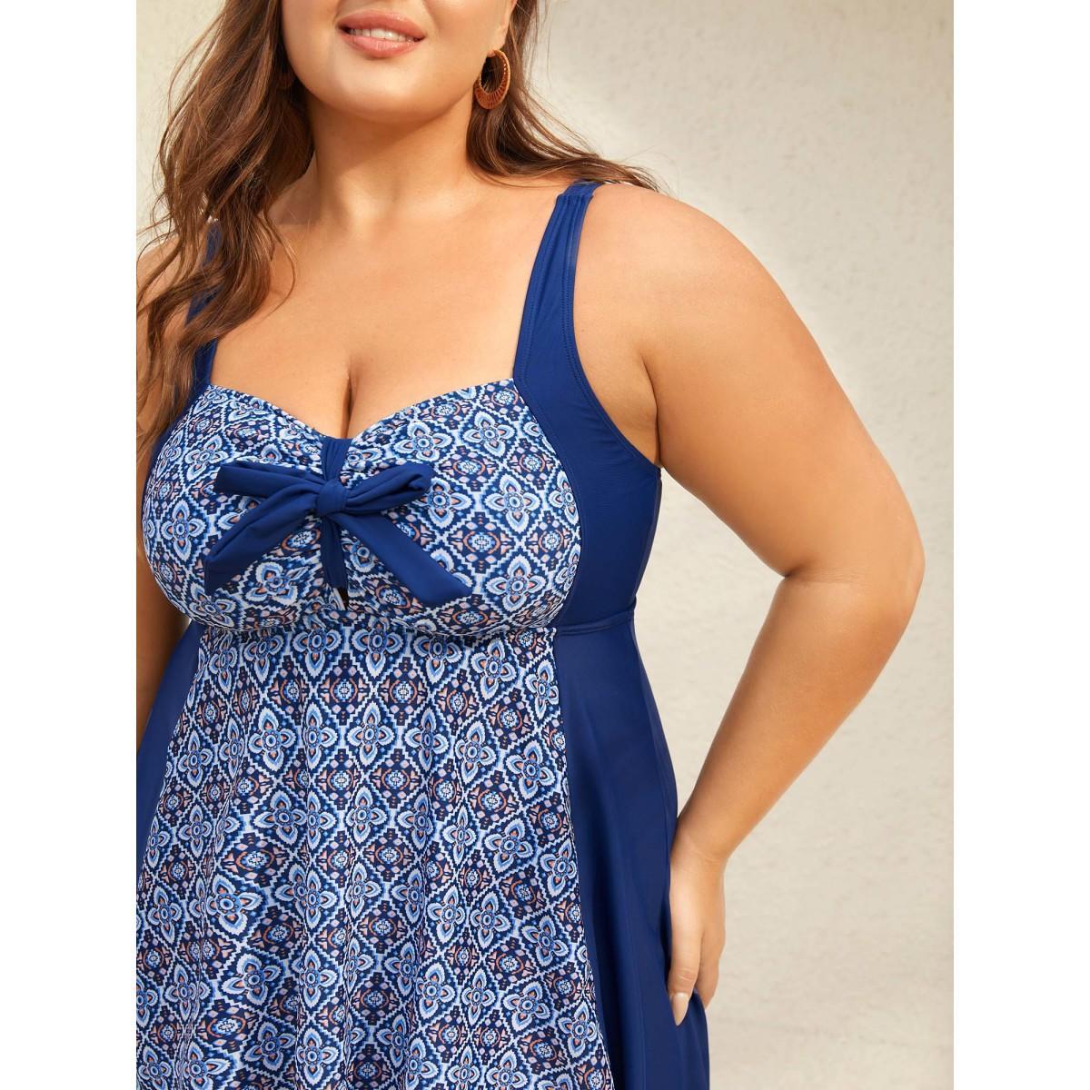 Plus Size Boho Print Adjustable Front Knot Swim Dress Women's Swimwear Indigo Beach Bodycon Heart neckline High stretch Curve Swim Dresses BloomChic 18-20/2X Product Image