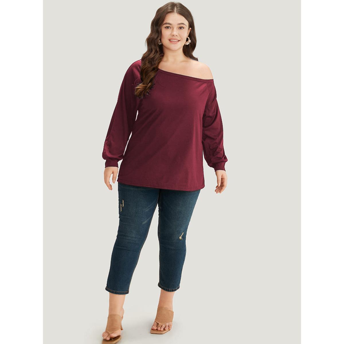 Plus Size Plain One Shoulder Button Detail Elastic Cuffs T-shirt Raspberry Women Elegant Elastic cuffs Plain One Shoulder Dailywear T-shirts BloomChic 30/6X Product Image