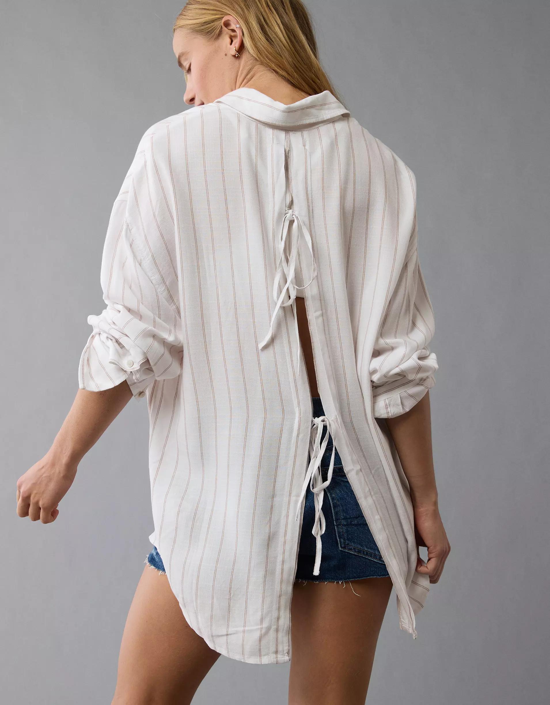 AE Long-Sleeve Tie Back Button-Up Shirt Product Image