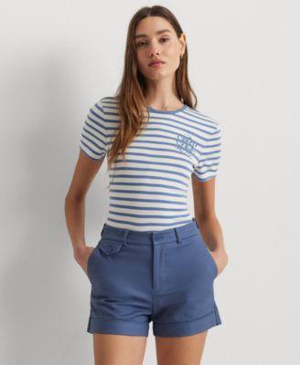 Lauren Ralph Lauren Striped Stretch Cotton Crew Neck Tee Pale Azure) Women's Clothing Product Image