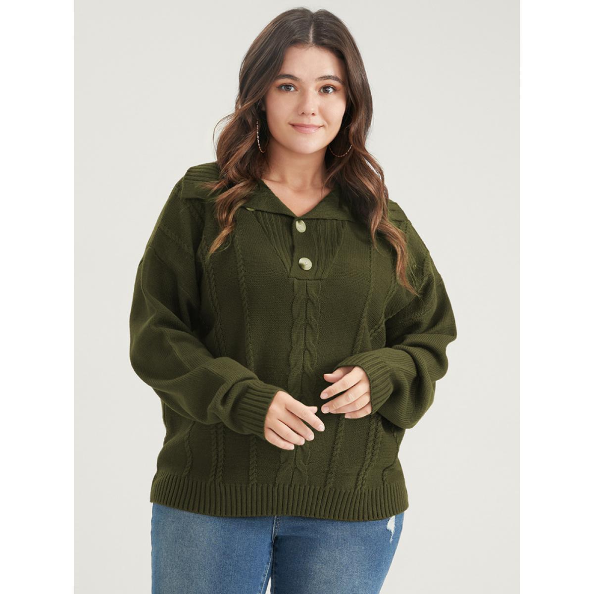 Plus Size Solid Pointelle Knit Button Lapel Collar Cable Knit Top DarkGreen Women Elegant Long Sleeve Lapel Collar Dailywear Pullovers BloomChic 22-24/3X Product Image