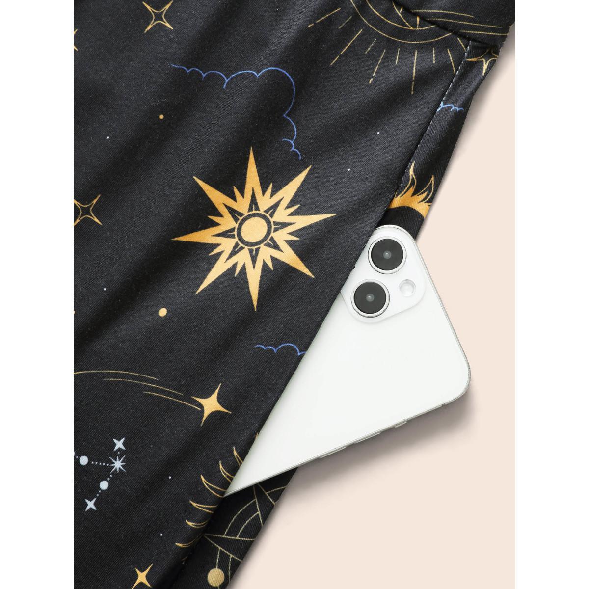 Plus Size Sun & Star Print Crew Neck Pocket Dress Midnight Women Casual Non Round Neck Short sleeve Curvy BloomChic 18-20/2X Product Image