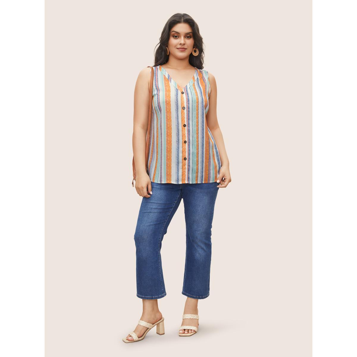 Plus Size Colored Striped Button Detail Tank Top Women Multicolor Casual Button V-neck Everyday Tank Tops Camis BloomChic 18-20/2X Product Image