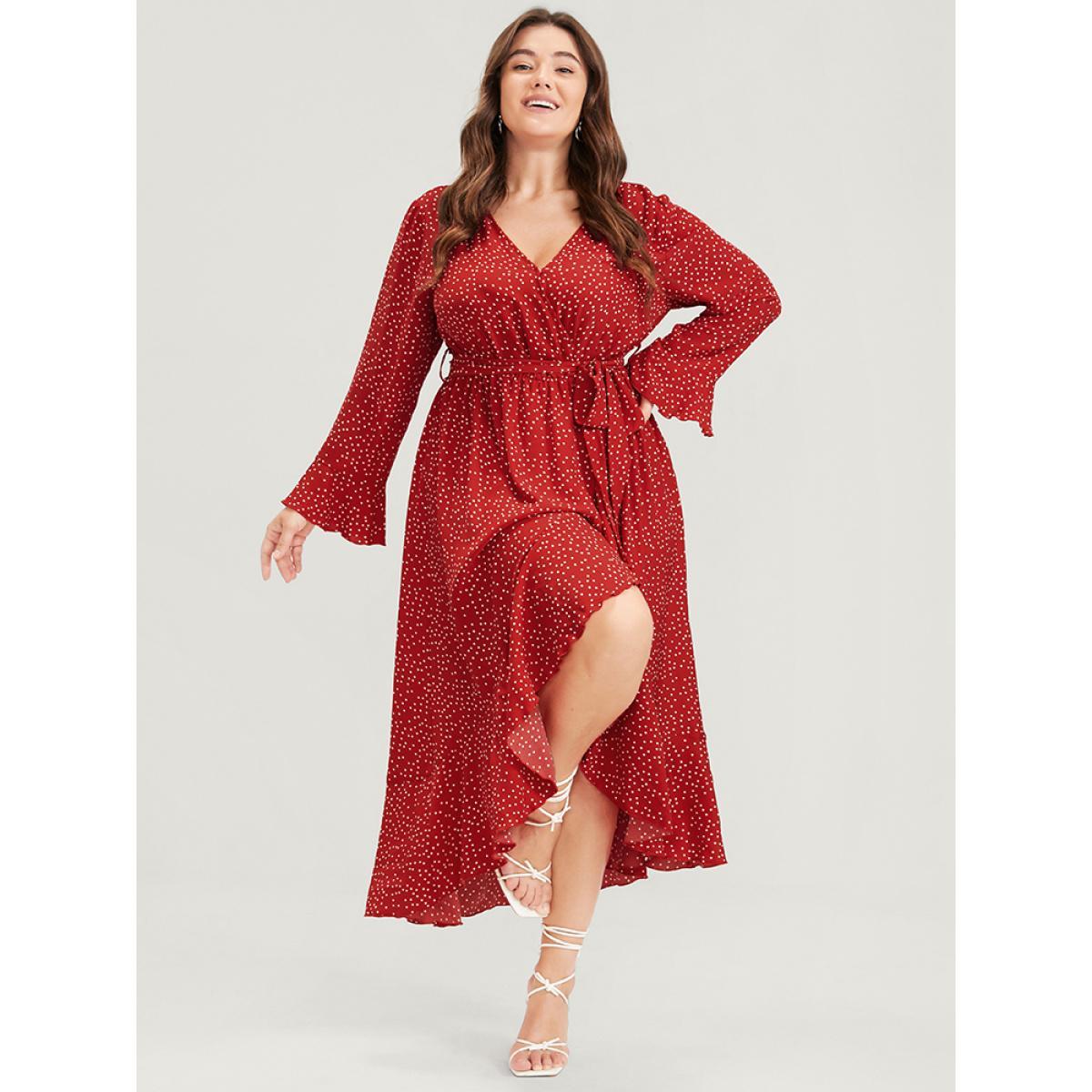 Plus Size Polka Dot Split Wrap Asymmetrical Hem Ruffles Belted Dress Raspberry Women Elegant Belted V-neck Long Sleeve Curvy Long Dress BloomChic 12/L Product Image