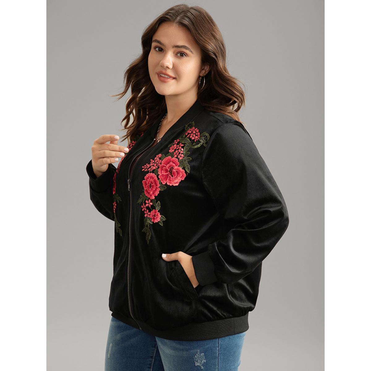 Plus Size Velvet Floral Embroidered Zipper Pocket Bomber Jacket Women Black Contrast Pocket Dailywear Jackets BloomChic 26/4X Product Image