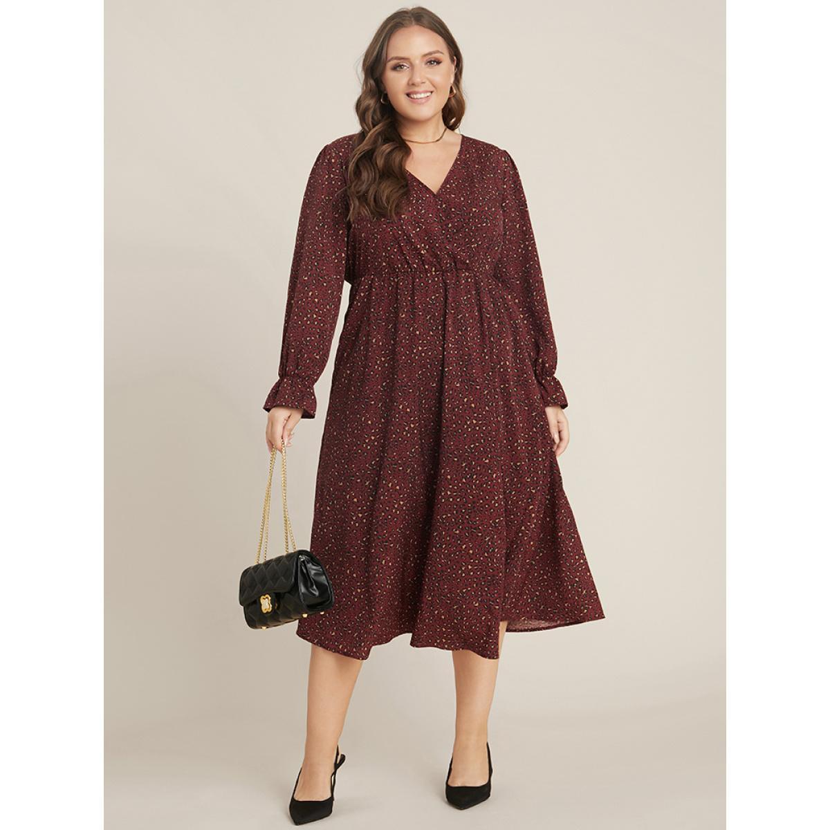 Plus Size Leopard Lantern Sleeve Pocket Wrap Midi Dress Scarlet Women Office Elastic Waist V-neck Long Sleeve Curvy Midi Dress BloomChic 12/L Product Image
