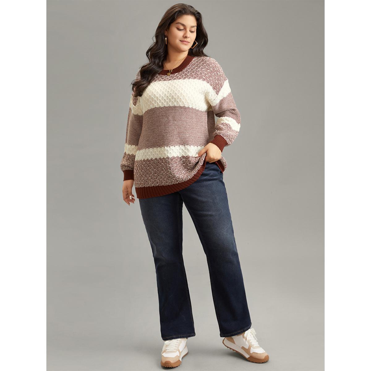 Plus Size Colorblock Contrast Round Neck Elastic Cuffs Pullover Rust Women Casual Loose Long Sleeve Round Neck Dailywear Pullovers BloomChic 26/4X Product Image