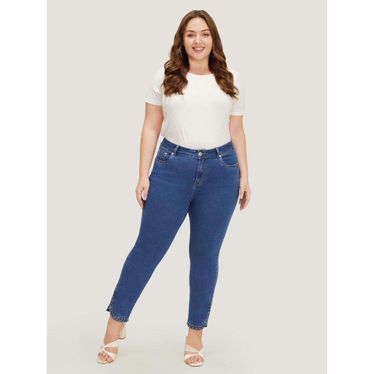 Plus Size Split Arc Hem Medium Wash Jeans Women Blue Casual Plain Arc Hem High stretch Pocket Jeans BloomChic 16/1X Product Image