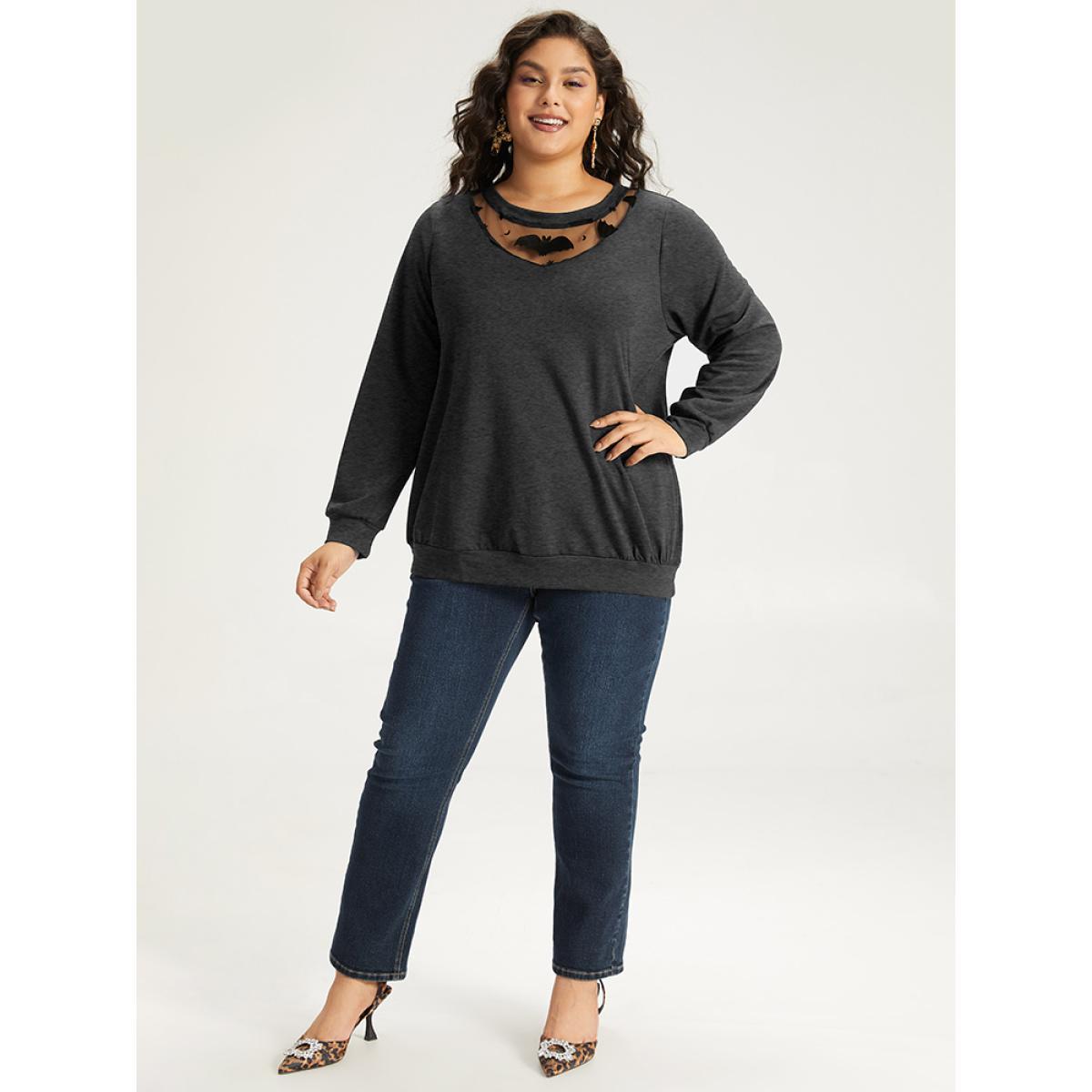 Plus Size Halloween Bat Print Mesh Patchwork Sweatshirt Women Gray Elegant Elastic cuffs Round Neck Festival-Halloween Sweatshirts BloomChic 10/M Product Image