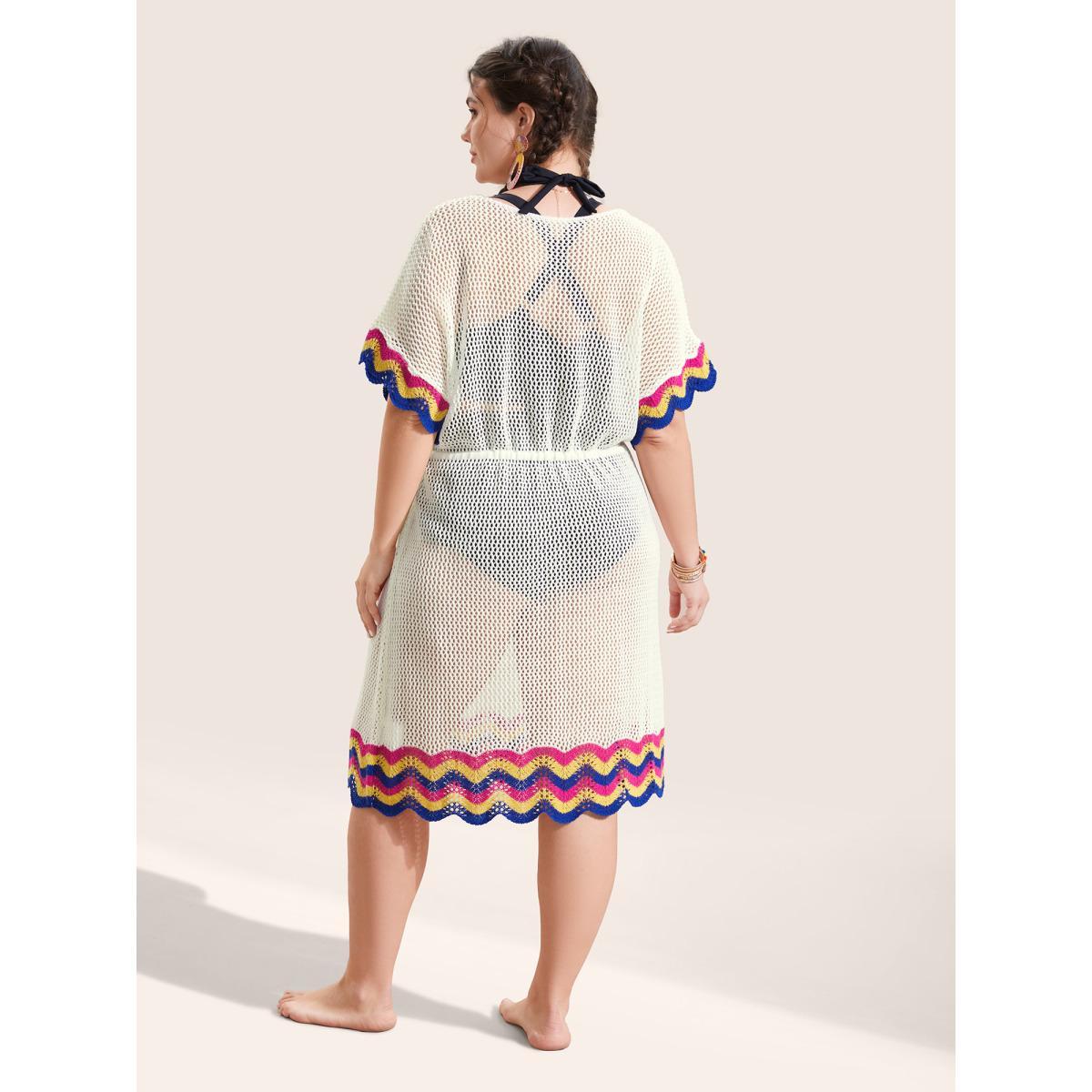 Plus Size Deep V Neck Contrast Striped Drawstring Swim Cover Up Women's Swimwear Ivory Beach Loose Texture Curve Swim Cover Ups BloomChic 10/M Product Image