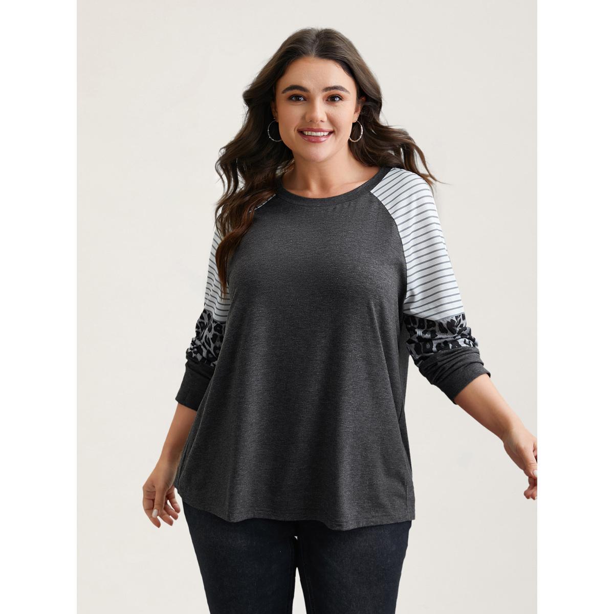 Plus Size Mixed Leopard Print Raglan Sleeve T-Shirt DimGray Women Casual Contrast Round Neck Everyday T-shirts BloomChic 22-24/3X Product Image