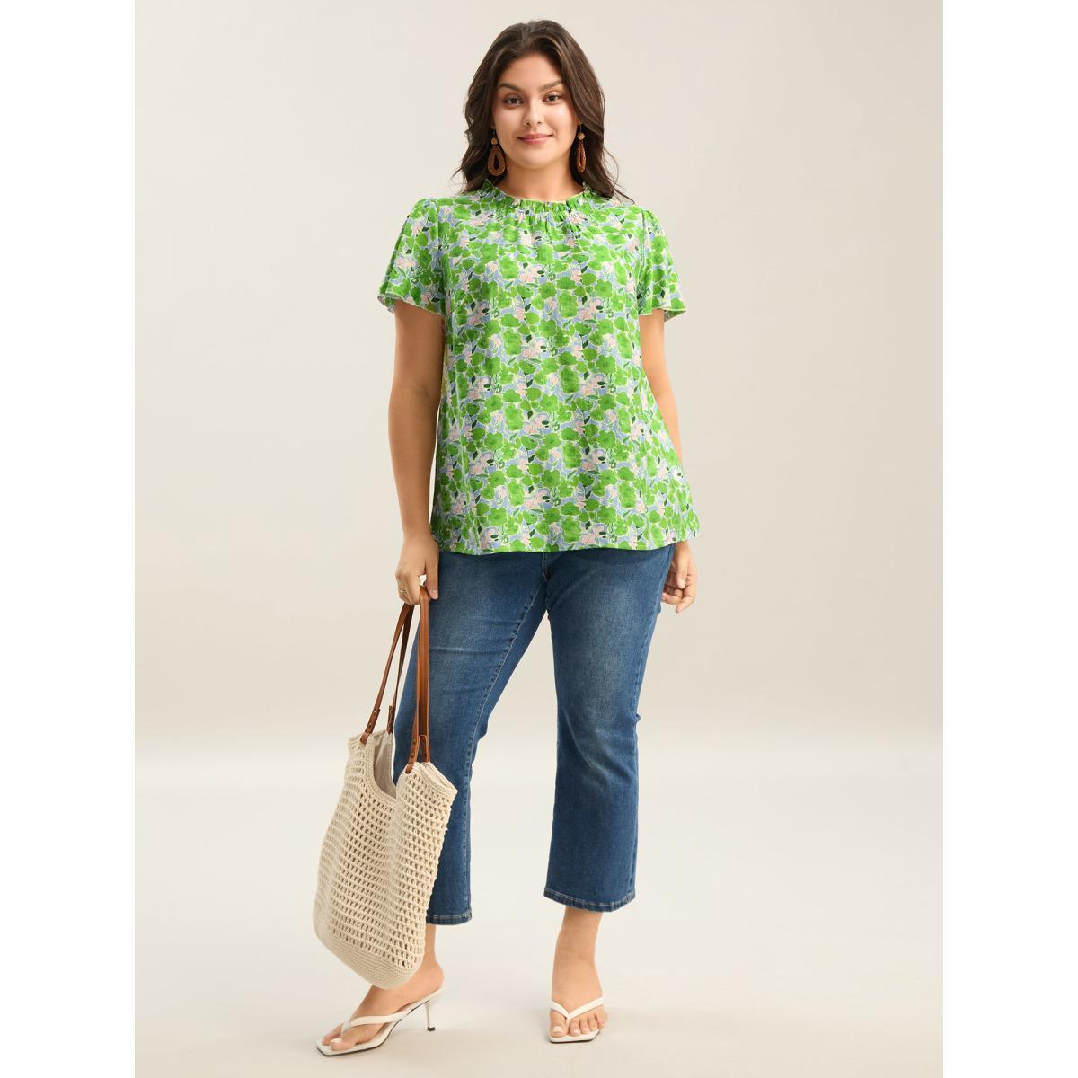 Plus Size LightGreen In Full Bloom Mock Neck Shirt Women Resort Cap Sleeve Stand-up collar Vacation Blouses BloomChic 26/4X Product Image