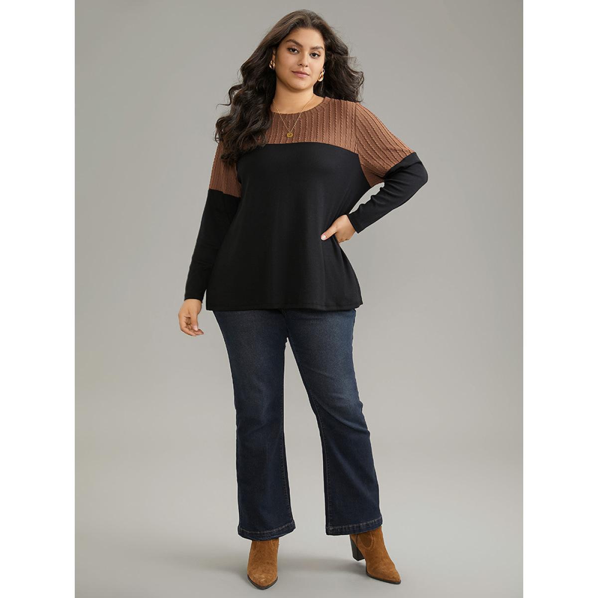 Plus Size Textured Patchwork Contrast Crew Neck Knit T-shirt Black Women Casual Texture Plain Round Neck Dailywear T-shirts BloomChic 14-16/1X Product Image