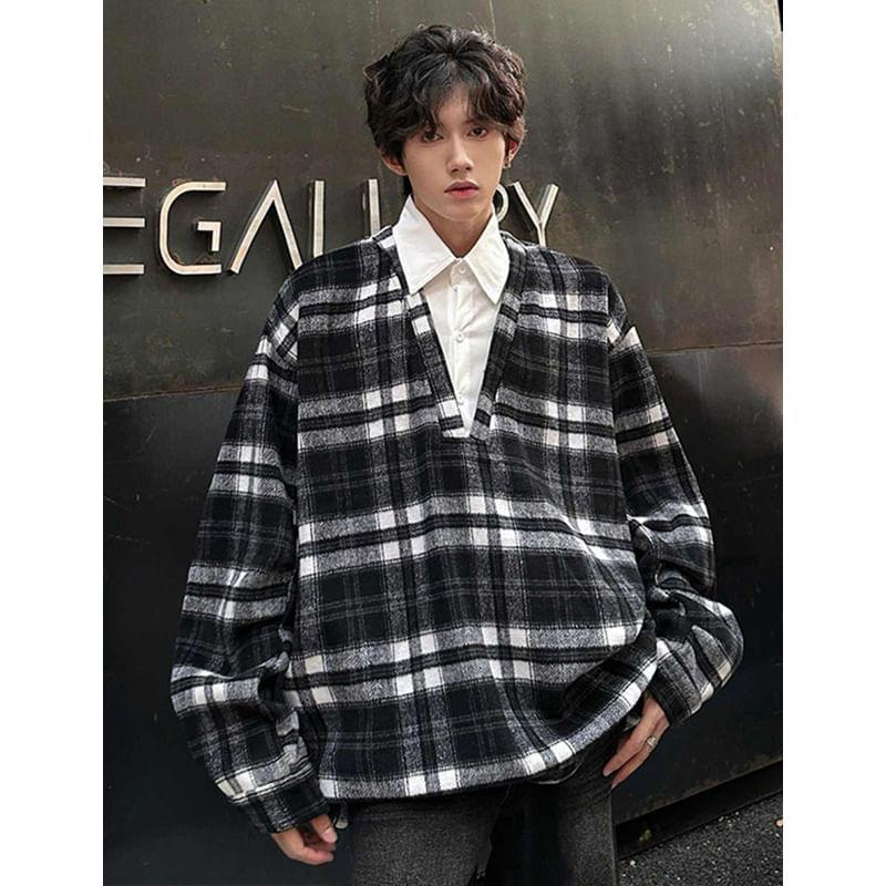 Collared Mock Two-Piece Plaid Sweatshirt Product Image