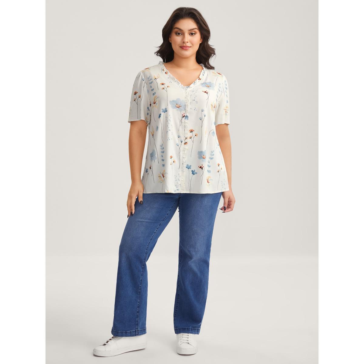 Plus Size Originalwhite Floral Print Ruffled Placket Blouse Women Short sleeve Non Everyday-Casual Blouses BloomChic 30/6X Product Image