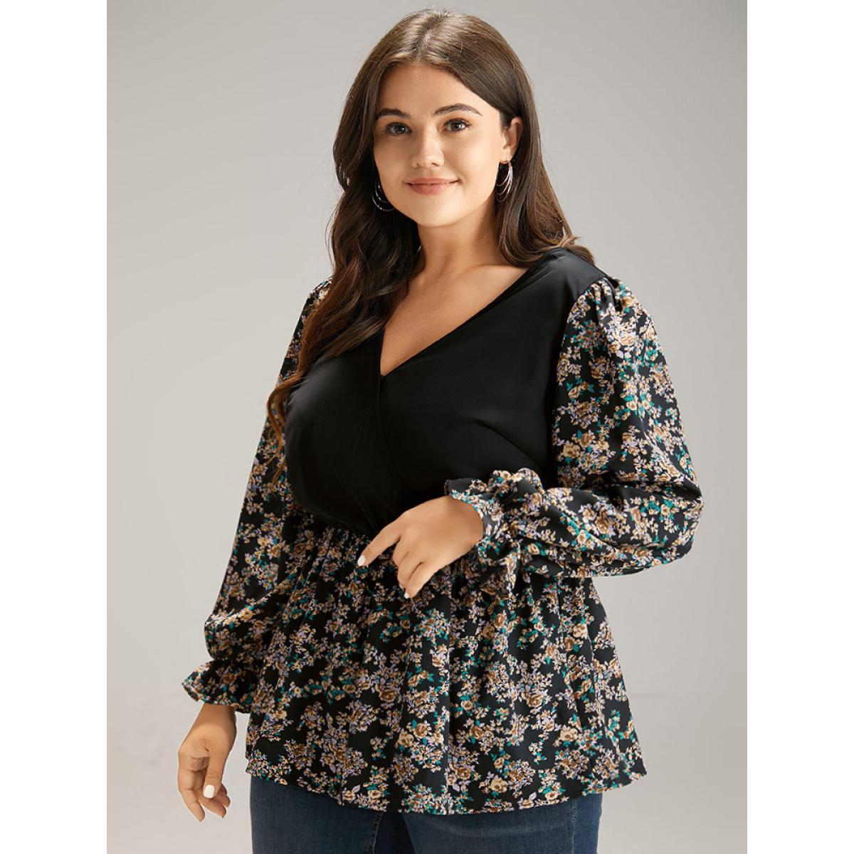 Plus Size Black Ditsy Floral Patchwork Elastic Waist Blouse Women Elegant Long Sleeve V-neck Everyday Blouses BloomChic 28/5X Product Image