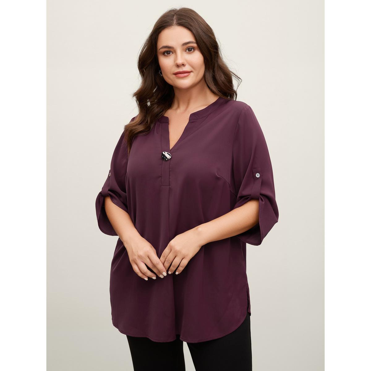Plus Size Plum Metal Buckle Neckline Solid Blouse Women Elbow-length sleeve Flat collar with V-notch Work Blouses BloomChic 18-20/2X Product Image