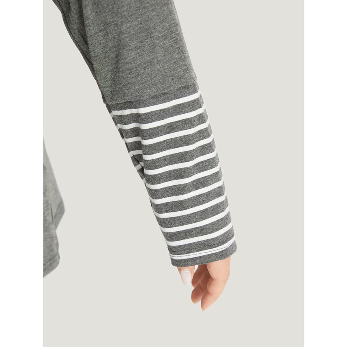 Plus Size Striped Patchwork Button Up Round Neck T-shirt DimGray Women Casual Contrast Striped Round Neck Dailywear T-shirts BloomChic 10/M Product Image