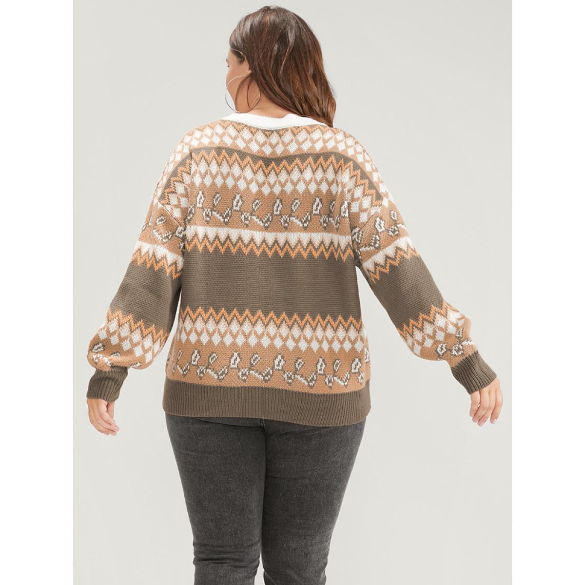 Plus Size Bandana Pointelle Knit Contrast Geometric Jacquard Knit Top Multicolor Women Casual Long Sleeve Round Neck Dailywear Pullovers BloomChic 10/M Product Image