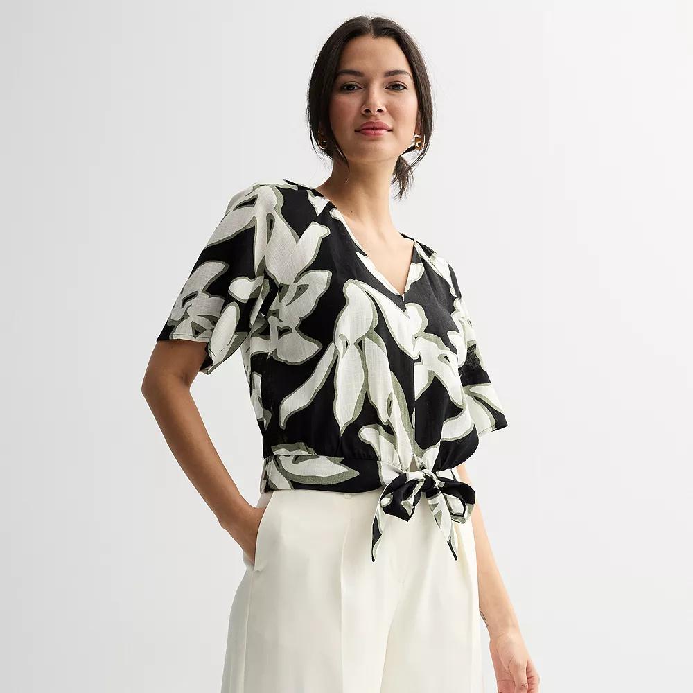 Women's Nine West Dolman Sleeve Tie-Front Top, Size: Large, Black Midsafari Leaf Product Image