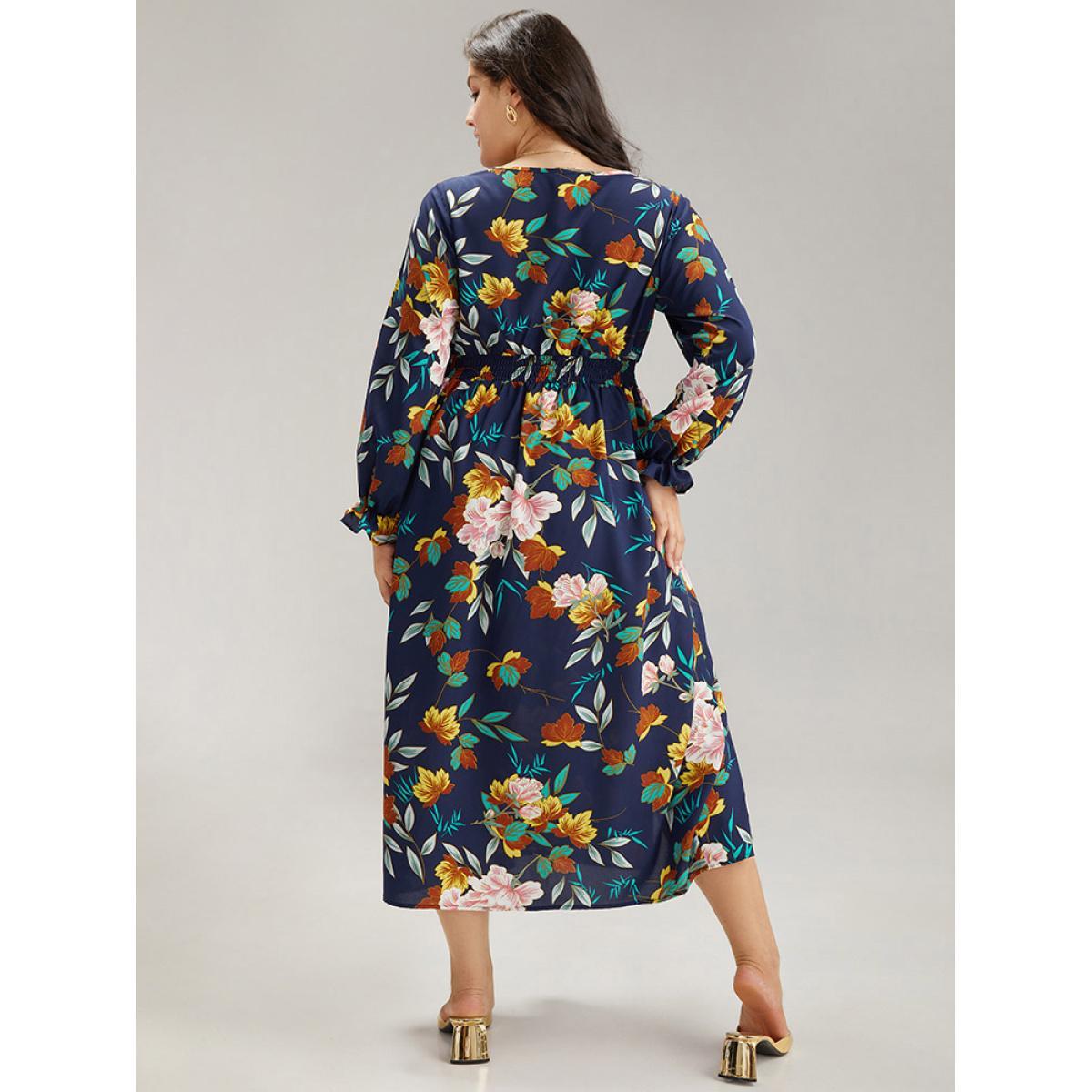 Plus Size Floral Print Split Side Ruffle Trim Dress Navy Women Elegant Printed V-neck Long Sleeve Curvy Midi Dress BloomChic 10/M Product Image