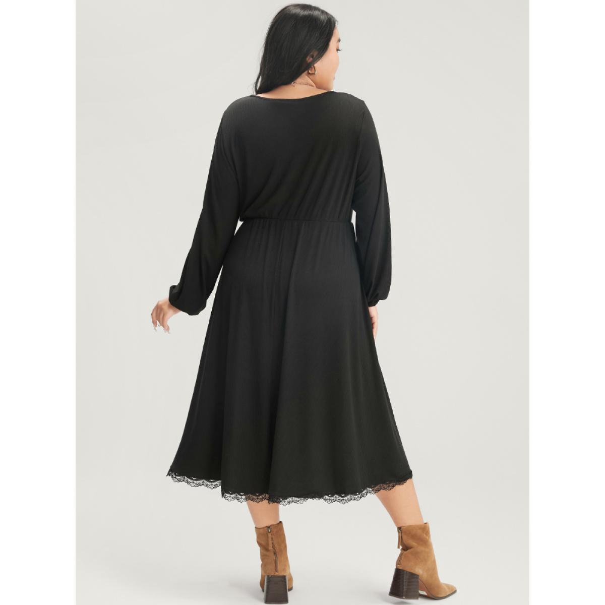 Plus Size Solid Lantern Sleeve Pocket Lace Trim Wrap Dress Black Women Elegant Lace V-neck Long Sleeve Curvy Midi Dress BloomChic 12/L Product Image
