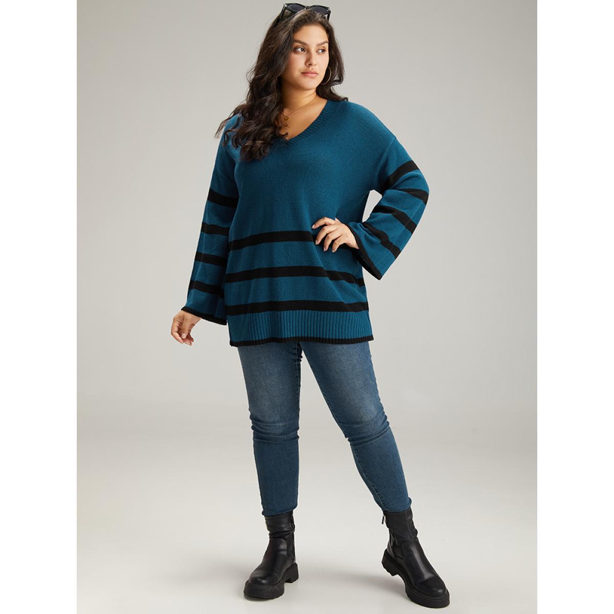 Plus Size Striped Bell Sleeve Moderately Stretchy Pullover Burgundy Women Casual Loose Long Sleeve V-neck Dailywear Pullovers BloomChic 18-20/2X Product Image