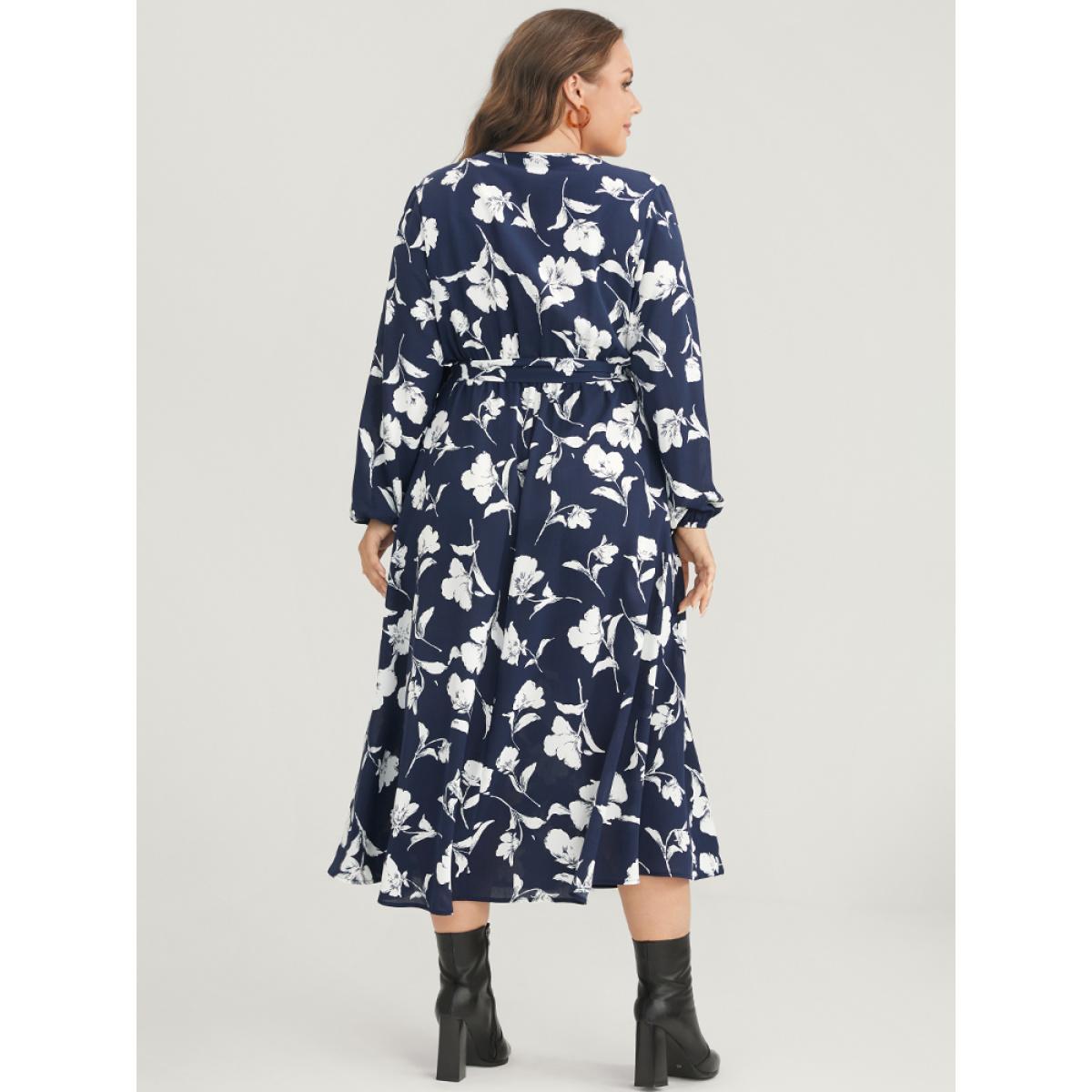 Plus Size Floral Pocket Surplice Neck Belted Midi Dress DarkBlue Women Casual Belted V-neck Long Sleeve Curvy Midi Dress BloomChic 26/4X Product Image