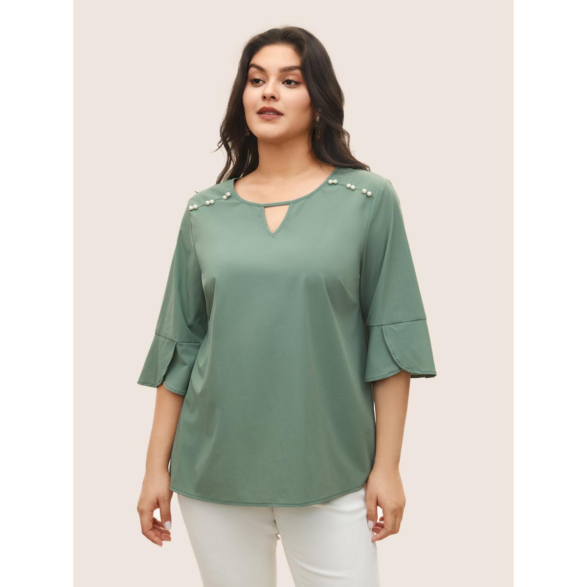Plus Size Mint Stretchy Woven Keyhole Pearl Beaded Ruffle Sleeve Blouse Women At the Office Elbow-length sleeve Round Neck Work Blouses BloomChic 22-24/3X Product Image