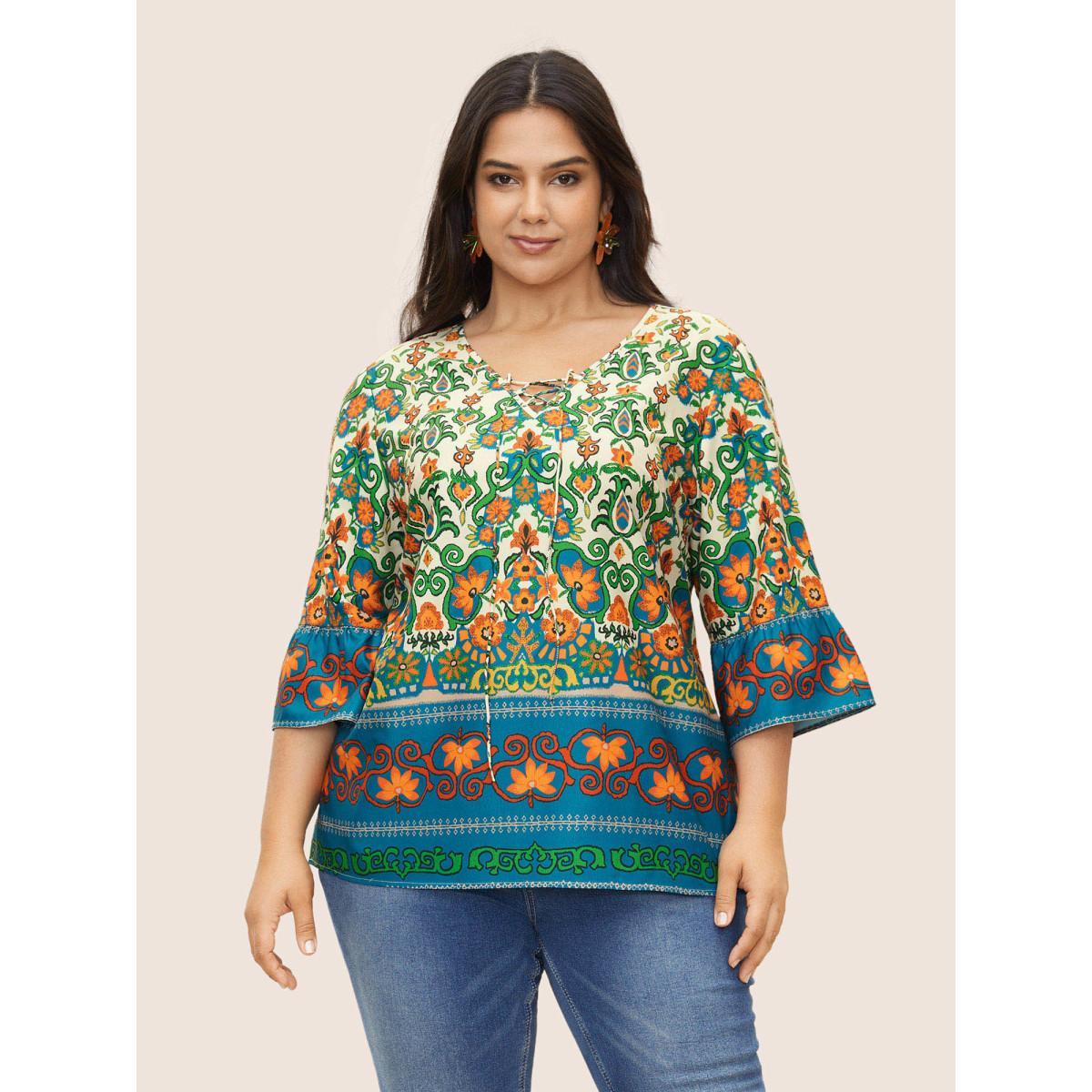Plus Size DarkBlue Boho Print Lace Up Bell Sleeve Blouse Women Resort Half Sleeve V-neck Vacation Blouses BloomChic 26/4X Product Image