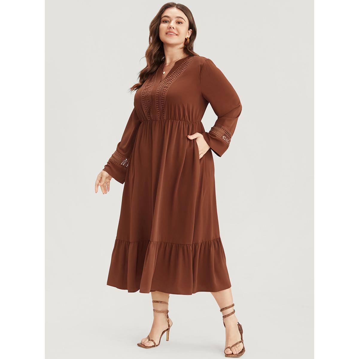 Plus Size Solid V Neck Pocket Contrast Lace Ruffle Hem Dress Russet Women Office Patchwork V-neck Long Sleeve Curvy Midi Dress BloomChic 18-20/2X Product Image